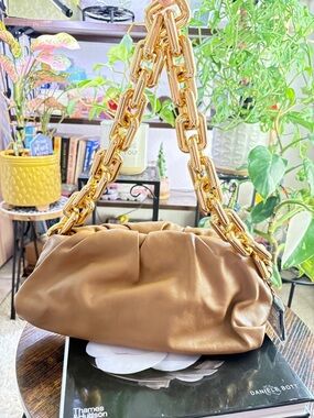 Bottega Veneta Gold Chain Handle Brown Leather Shoulder Bag